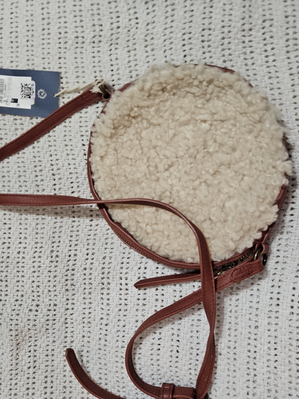 Round Cream Sherpa Crossbody with Brown Trim